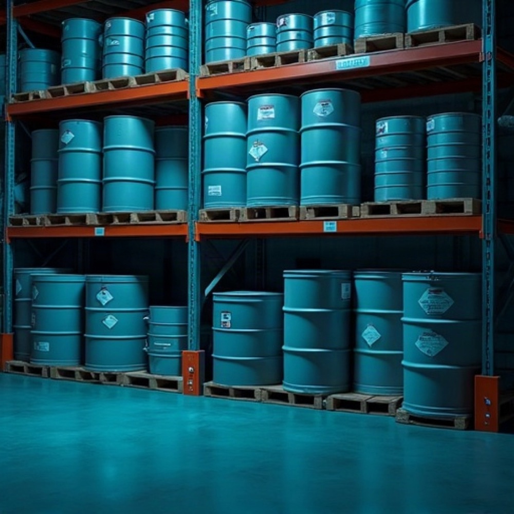 Unlabeled drums and pails of coatings and adhesive compounds