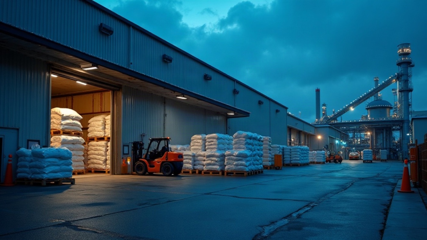 Loading dock with sealed drums and pallets of bagged compounds at dusk