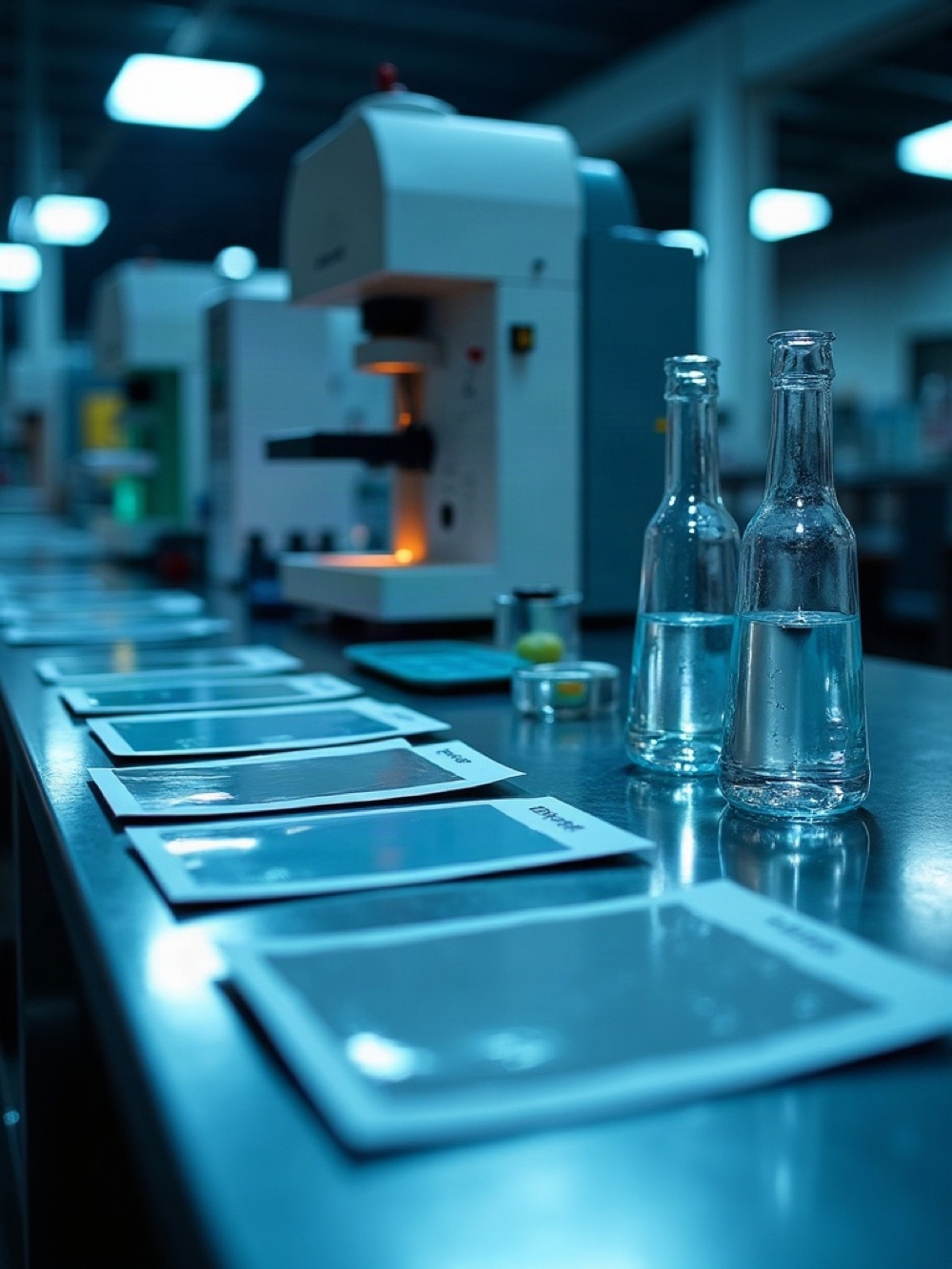 Laboratory bench with a spectrophotometer and wet paint drawdown cards